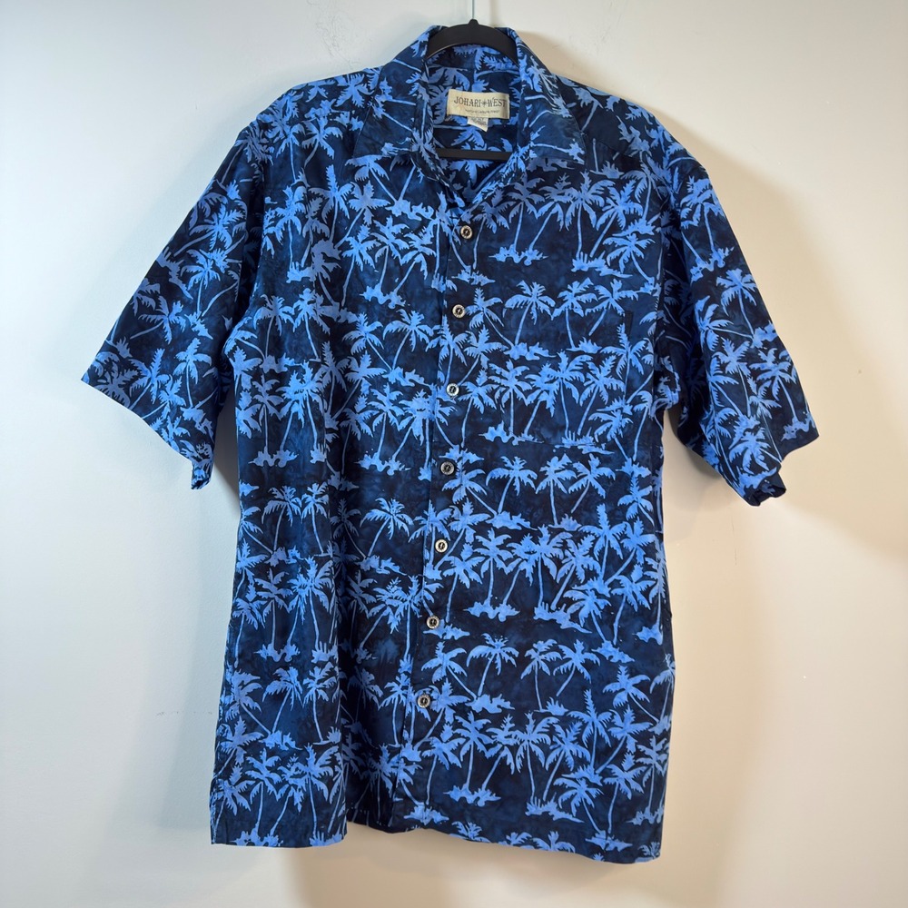 Johari West Shirt Blue Palm Tree Batik Cotton Button Down Mens XL Tall XLT